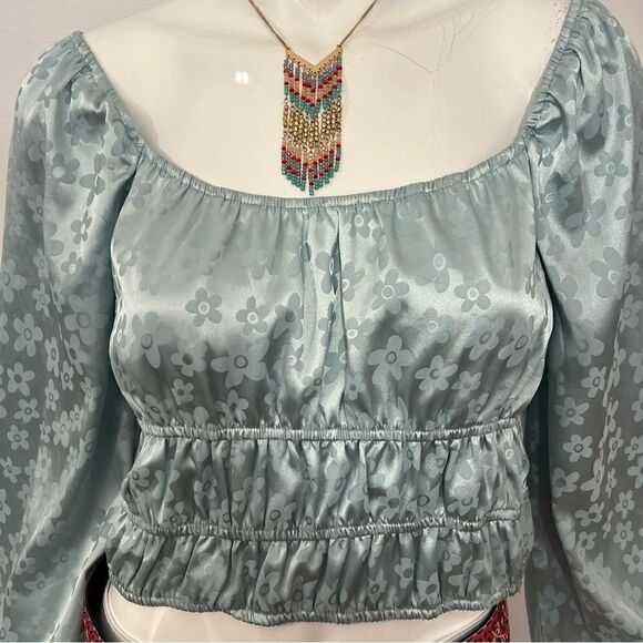 Altar'd State Daisy Aqua Satin Shirred Crop Top -- L - Picture 6 of 12